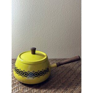 Vintage Fondue Pot Mustard Yellow Mod Brown Floral Pattern With Lid